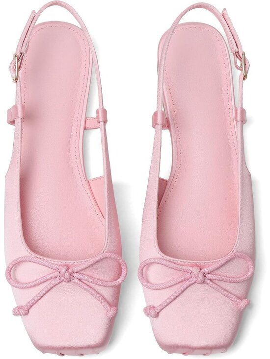 Shoes - Women's Pink Satin Slingbacks Ballet Flats Square Toe Bow Ankle Buckles Shoes